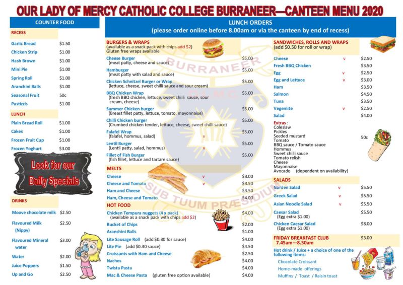 Canteen Menu Our Lady of Mercy Catholic College Burraneer