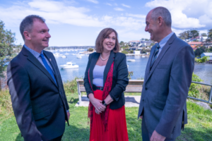 Sydney Catholic Schools' principals Peter Buxton (left), Leonie Pearce and Stephen Mahoney at Gunnamatta Bay, NSW